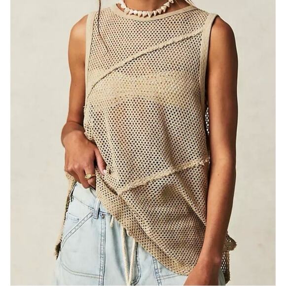 Free People Tops - FREE PEOPLE SHORE SIDE MESH OVERSIZED MUSCLE TANK SIZE LARGE NWOT 100% COTTON